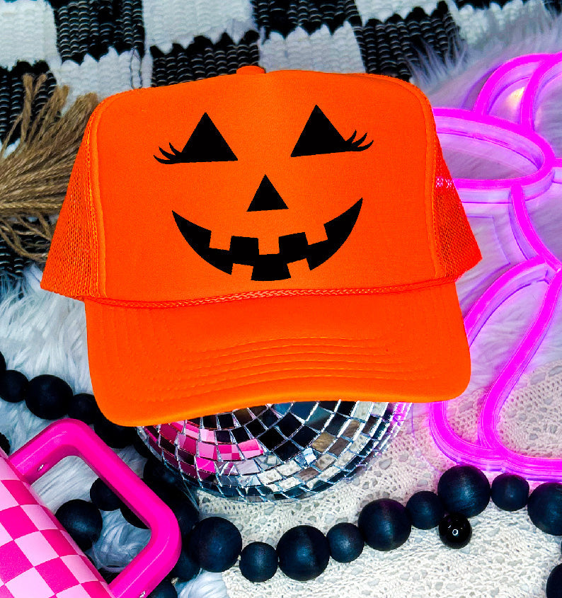 Pumpkin Face DTF Printed Neon Orange Trucker Hat